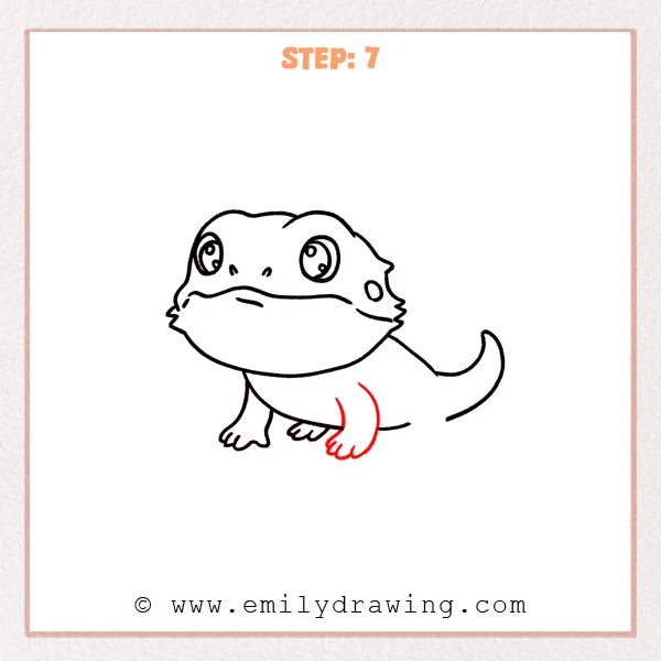 how to draw a bearded dragon - Step 7: A second front leg is added and the belly line is adjusted around the limbs.